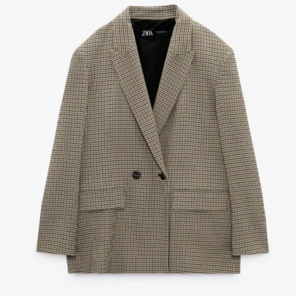 Zara Oversized Plaid Double Breasted Blazer - Brown Houndstooth Size Medium - Picture 1 of 3